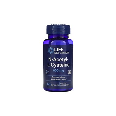 Life Extension N-Acetyl Cysteine 600 mg, 60 capsules, is a dietary antioxidant supplement supporting glutathione production and boosting cellular glutathione levels.